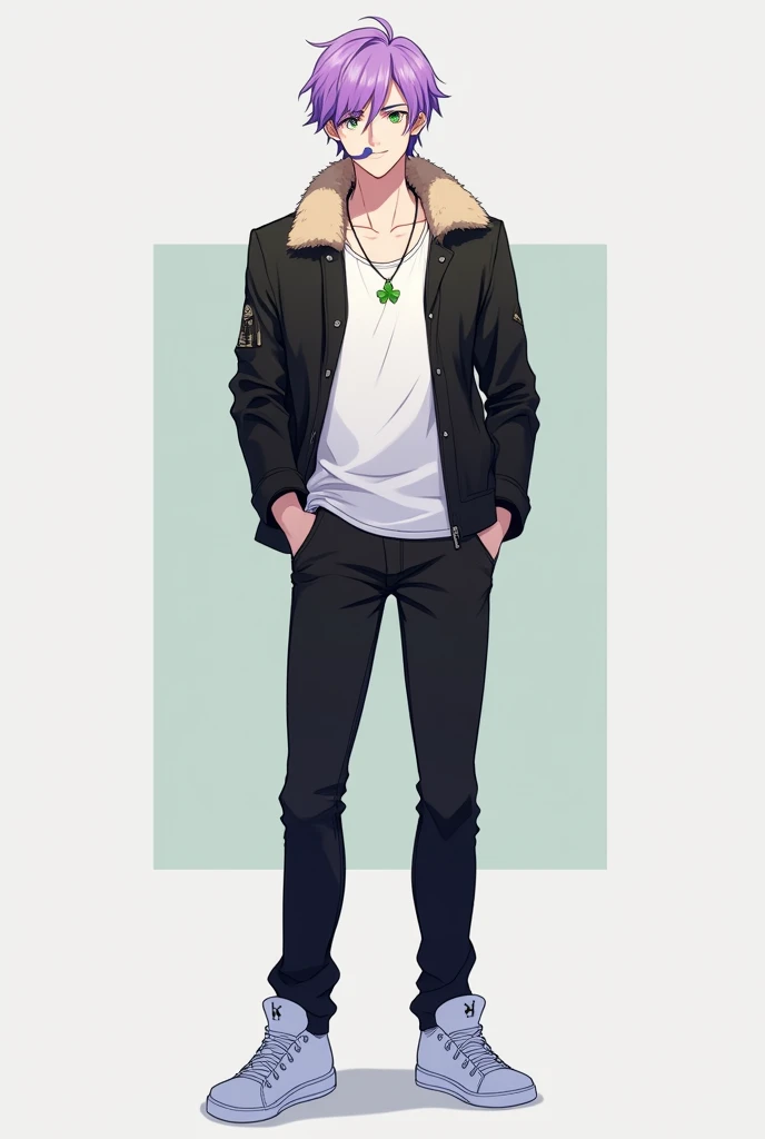 anime oc male, human race, a boy with fair skin and a strong body, soft violet hair, greenish eyes, some hair on the upper part of the mouth forming a soft violet pre-moustache, wearing a white tank top, a black bearskin jacket, black jins pants, white sneakers and a four-leaf clover necklace around his neck.