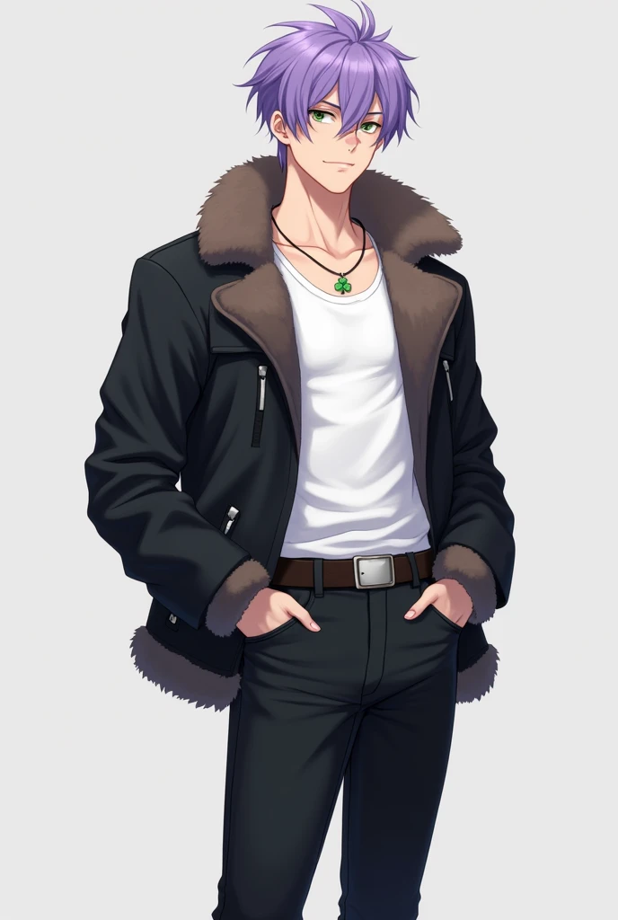 anime oc male, human race, a boy with fair skin and a strong body, soft violet hair, greenish eyes, some hair on the upper part of the mouth forming a soft violet pre-moustache, wearing a white tank top, a black bearskin jacket, black jins pants, white sneakers and a four-leaf clover necklace around his neck.