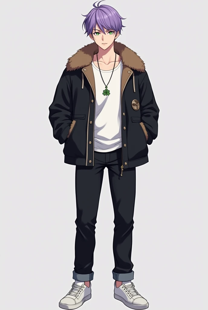 anime oc male, human race, a boy with fair skin and a strong body, soft violet hair, greenish eyes, some hair on the upper part of the mouth forming a soft violet pre-moustache, wearing a white tank top, a black bearskin jacket, black jins pants, white sneakers and a four-leaf clover necklace around his neck.