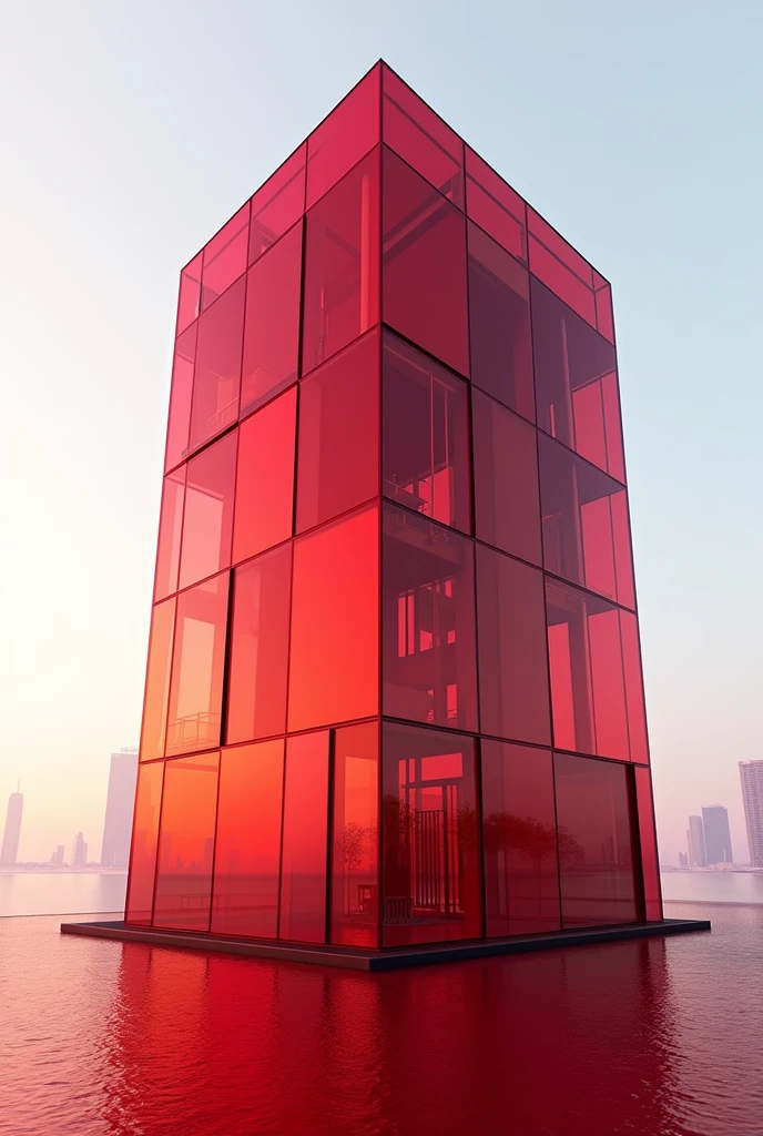 A red building with glass windows of different shades of red and is not surrounded by other buildings
