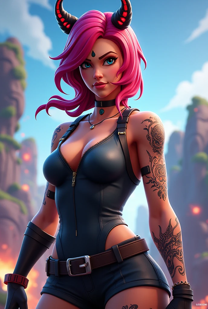 Fortnite by Epic Games, Game Characters, poster, with "FORTNITE" text at the top, red hair female skin with tattoos