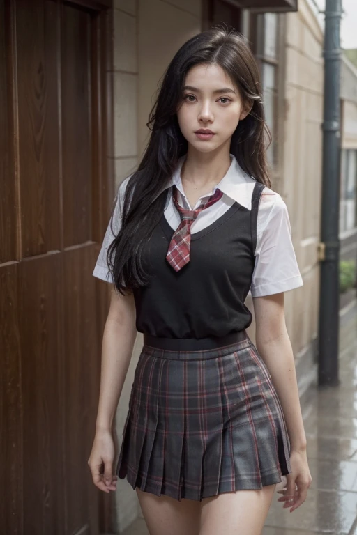 Masterpiece, ultra real, 1 very slender beautiful girl, long straight black hair, leaning on the doorway of a classroom in an old school hallway, rain falling outside the hallway, wet floor, girl wearing a white cotton school uniform, white sailor top with short sleeves, red necktie, red and black plaid mini skirt, pleated skirt, slight wind blowing her hair, melancholic gaze looking at the camera, shallow depth of field, extremely detailed skin, hair and clothing, cinematic lighting, muted color palette, rainy atmosphere, photorealistic, 8k, detailed, masterpiece