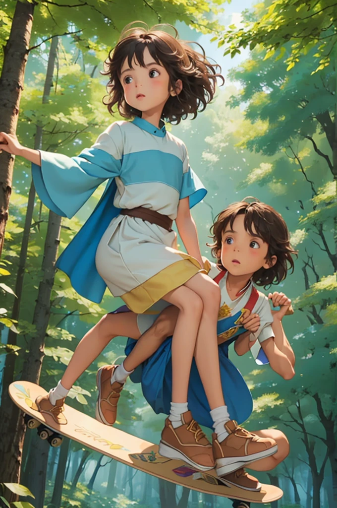 create the image in a forest with trees blue sky and flowers a prince with caramel skin cape, brown rabbit with honey-colored eyes riding a skateboard while carrying his princess with short brown curly hair in his arms , brown eyes and freckles on her face dressed in a blue dress