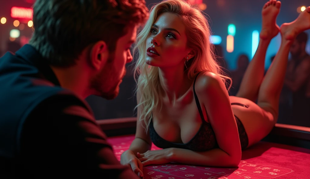 beautiful blonde haired girl with Nordic features, upturned nose, blue eyes, full lips with red lipstick, big breasts, black transparent evening dress with long neckline and long slit showing the pink leopard thong, nightclub, husband loses his wife while playing poker with a friend who fucks her doggy style on the gaming table, posing on all fours with her eyes looking up and her mouth open, seen from above