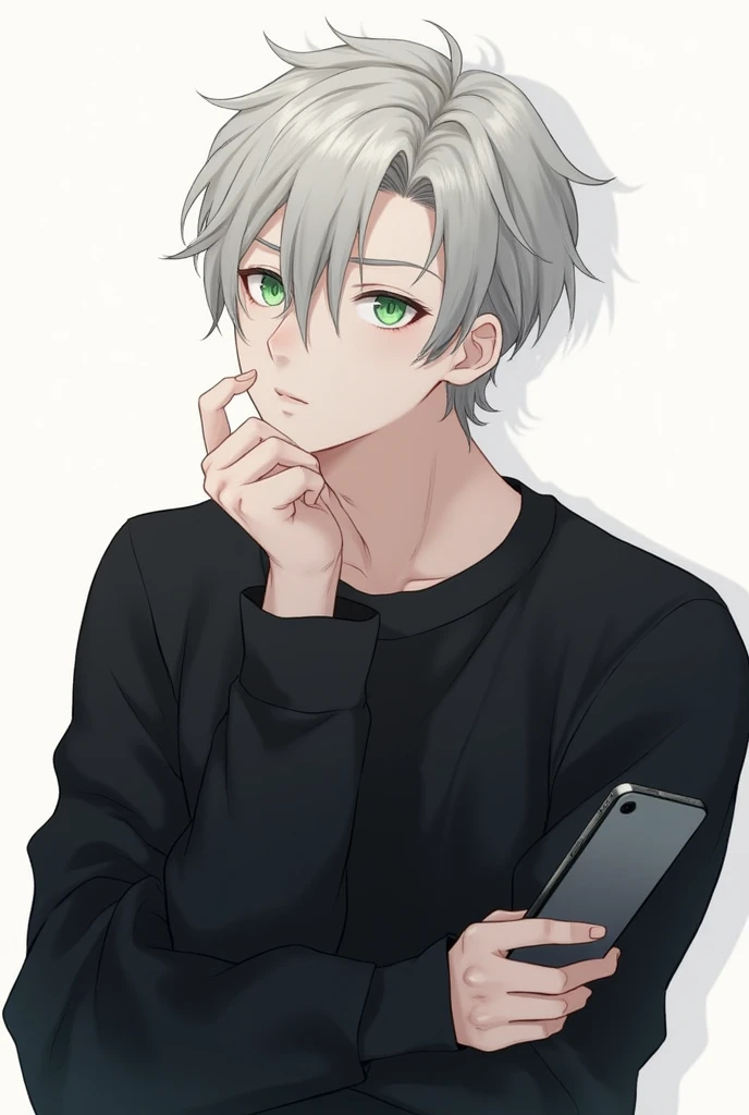 This image is、Shows the illustration of a young man。He is wearing a black sweatshirt、While holding the smartphone in one hand、The other hand is supporting the chin。His hair is short、In pale grey、I feel a little disorganized.、The eyes are bright green。His expression seems a little thoughtful.、It creates a calm atmosphere。The background is simple、His appearance stands out。overall、Stylish and attractive visuals。