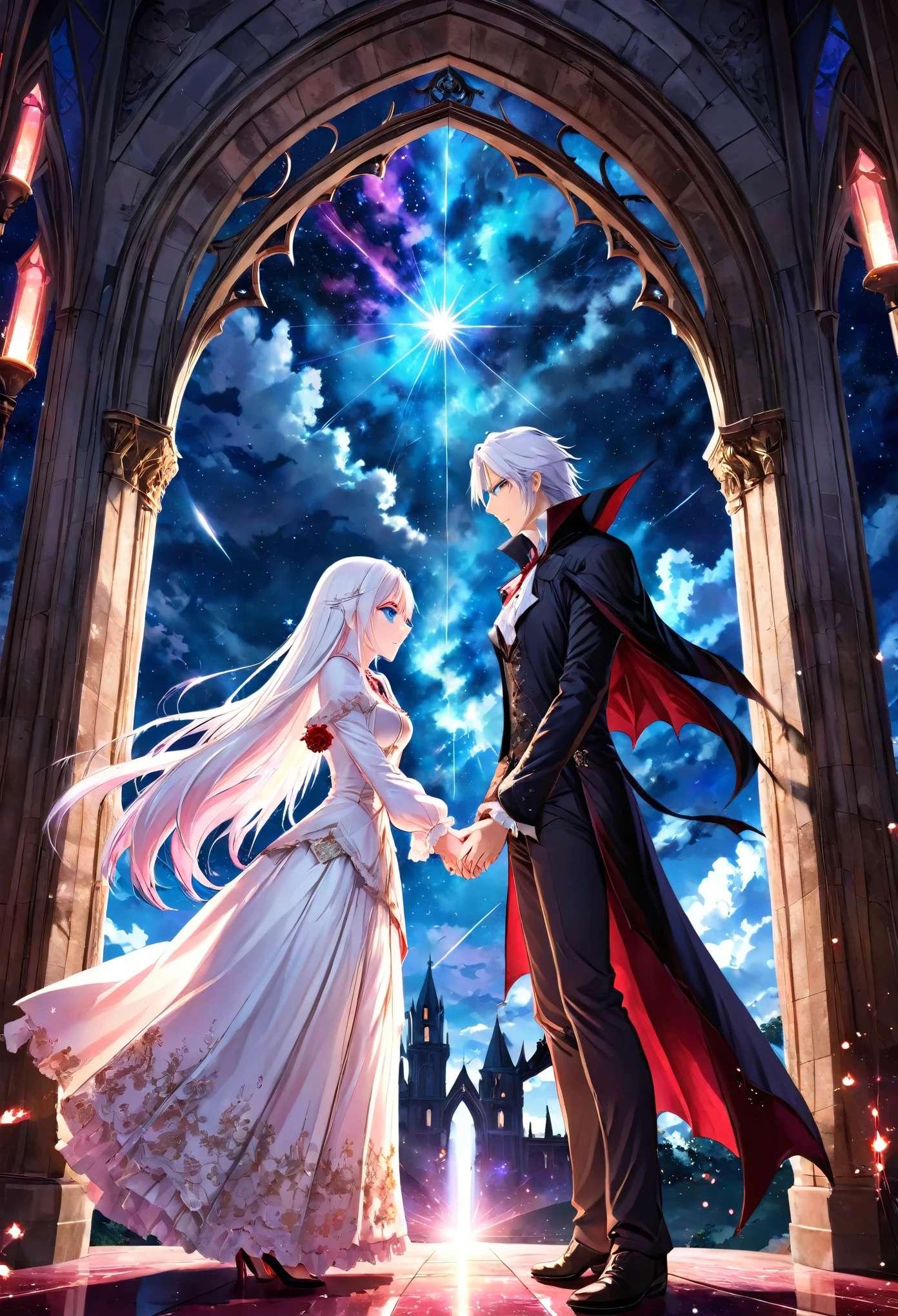 (epic mysterious anime), ((view through the gothic arch with rich rosy ornate)), ((noble vampire couple deeply in love)) (vivid blue eyes) (white noble clothes) (long white hair) (((holding hands together))), shiny ((meteor shower)), PEAnimeBG, Background, anime, scenery