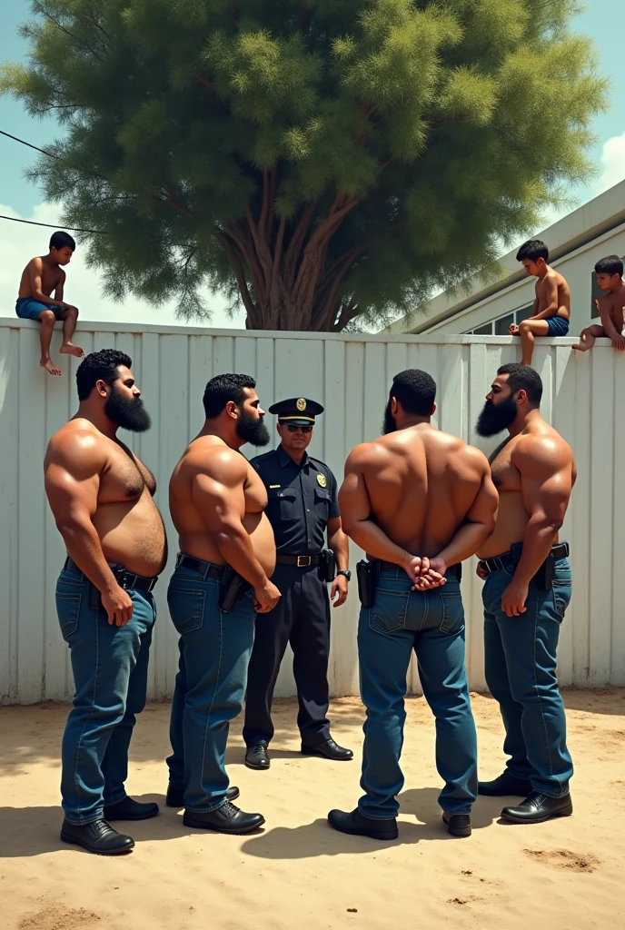 Five strong, hairy, bearded, muscular Puerto Rican men standing in their underwear with their hands raised behind their heads being searched by two police officers in a fenced-in lot with a white wall, Sandy ground, a big tree in the background. Two boys sitting on the wall watching.