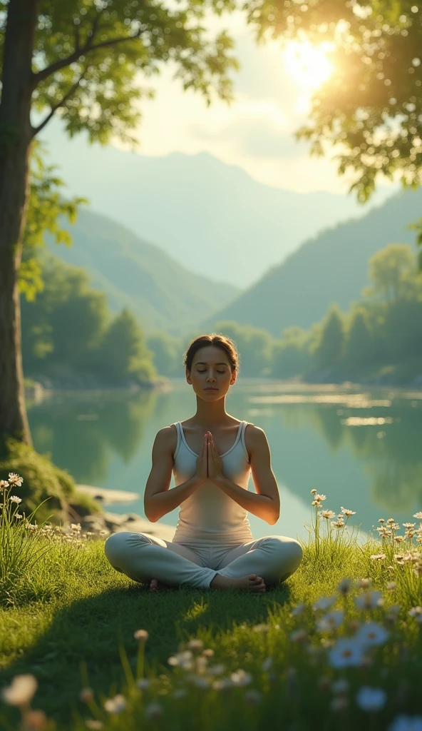 A person meditating or calmly holding their hands over their heart, with a serene background, possibly a peaceful natural scene."
Make it vibrant and hyper realistic