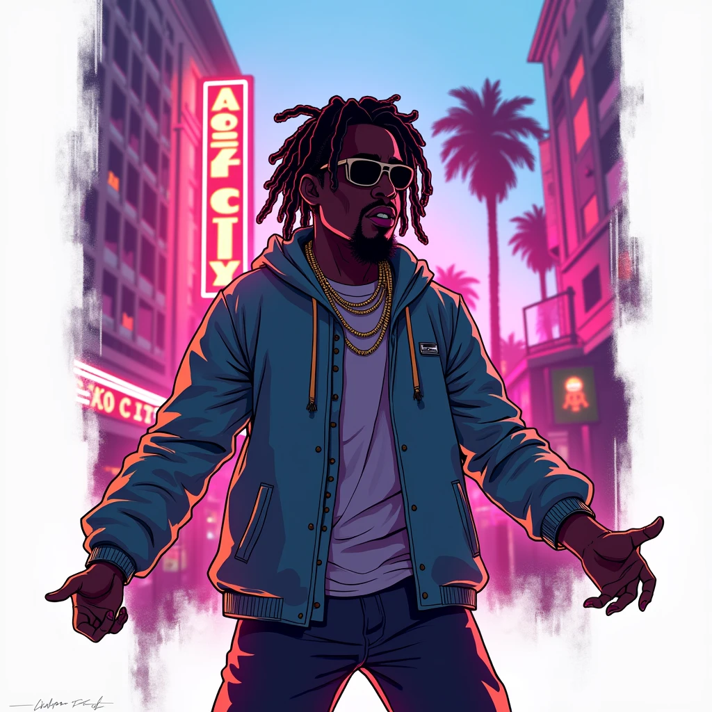 Black shadow of a rapper with dreadlocks singing cartoon style, Vice City GTA, white background