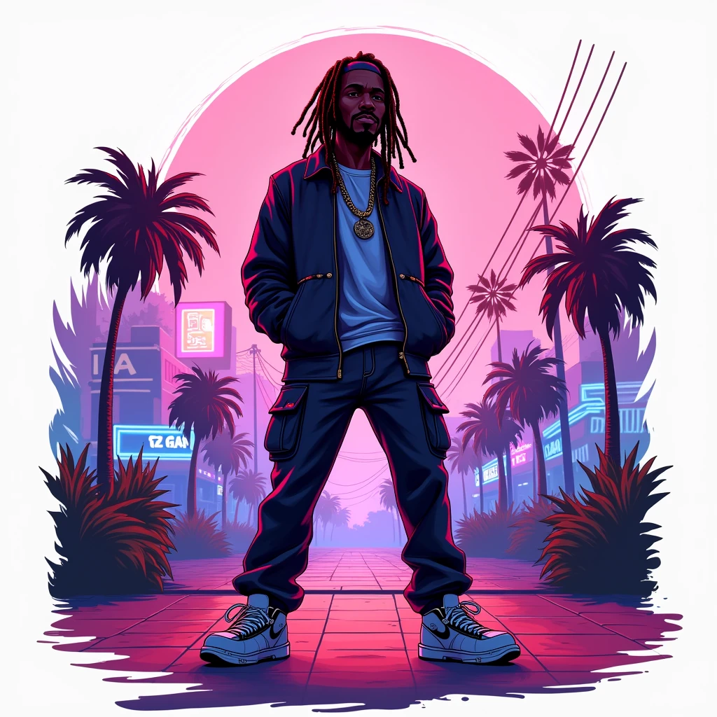 Black shadow of a rapper with dreadlocks singing cartoon style, Vice City GTA, white background