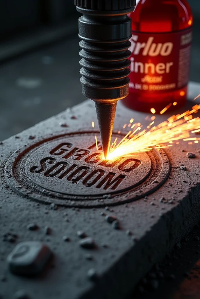 A dramatic cover design featuring a powerful tool, like an engraving tool or drill, actively carving the logo of Grupo Solquim into a solid stone surface. The tool creates sharp, detailed grooves in the stone, with bright, striking sparks flying off as the carving progresses. The logo is partially completed, with stone dust and small fragments scattered around, emphasizing the ruggedness of the task. To the side, prominently displayed, is a bottle of Thinner with a red label, featuring legible text with the product name 'Thinner' and the Grupo Solquim logo. The bottle stands slightly angled towards the ongoing engraving, as if overseeing the process. The background is kept neutral and dark, ensuring the glowing sparks, the carved stone, and the glossy Thinner bottle are the focal points. The lighting casts dynamic shadows, accentuating the depth of the carving and the vibrant sparks, creating a powerful and visually engaging scene.