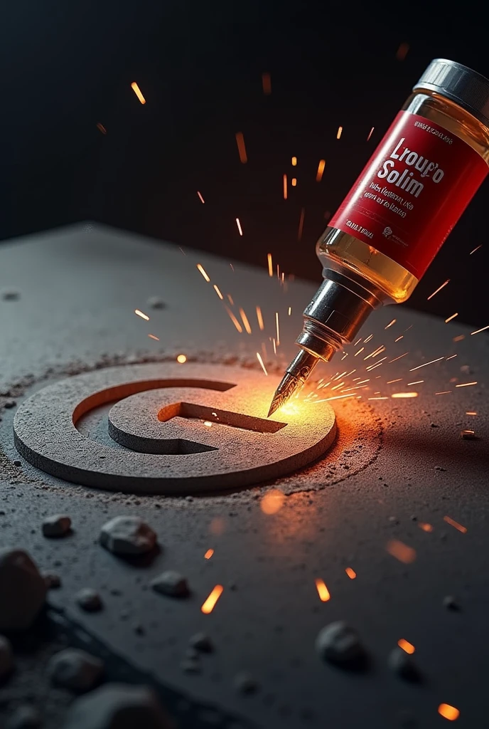 A dramatic cover design featuring a powerful tool, like an engraving tool or drill, actively carving the logo of Grupo Solquim into a solid stone surface. The tool creates sharp, detailed grooves in the stone, with bright, striking sparks flying off as the carving progresses. The logo is partially completed, with stone dust and small fragments scattered around, emphasizing the ruggedness of the task. To the side, prominently displayed, is a bottle of Thinner with a red label, featuring legible text with the product name 'Thinner' and the Grupo Solquim logo. The bottle stands slightly angled towards the ongoing engraving, as if overseeing the process. The background is kept neutral and dark, ensuring the glowing sparks, the carved stone, and the glossy Thinner bottle are the focal points. The lighting casts dynamic shadows, accentuating the depth of the carving and the vibrant sparks, creating a powerful and visually engaging scene.