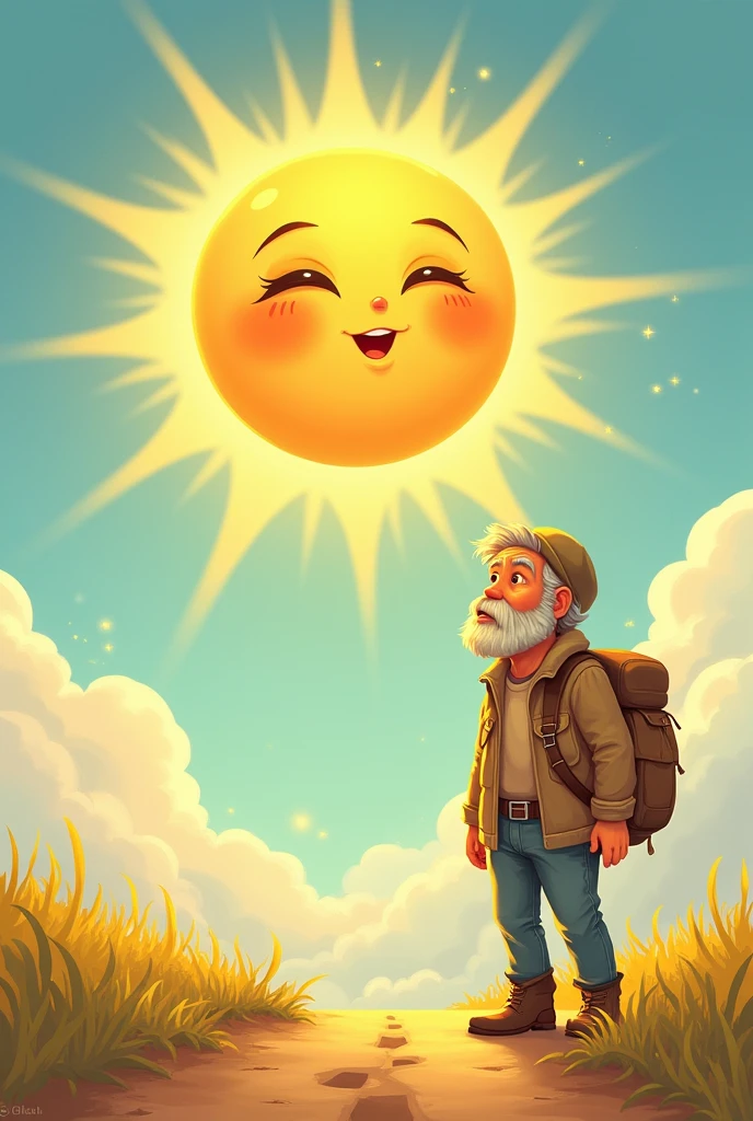 
Visual: The Sun shines brightly in the sky, spreading warmth and light down onto the traveler.

Characters details 

The Sun
Appearance:
  - The Sun is depicted as a warm, glowing figure, radiating light and warmth from his entire body.
  - He has a gentle, smiling face with kind, bright eyes that shine like the morning sun. His expression is calm and compassionate.
  - His body is golden and round, with rays of sunlight extending from his head like a crown. These rays are soft and bright, filling the sky with warmth.
  - The Sun has a serene and peaceful aura, with a gentle glow surrounding him, making him seem approachable and friendly.

Personality:
  - The Sun is gentle, kind, and wise, understanding that sometimes, a soft approach is more effective than force.
  - He is confident in his abilities but doesn’t feel the need to overpower others. Instead, he believes in the power of warmth and kindness to achieve his goals.


The Traveler
Appearance: The Traveler is an ordinary person, depicted as a middle-aged man with a rugged, weathered face that shows he has been on the road for a while.
  - He is dressed in a thick, dark brown coat that looks heavy and worn from constant use. Underneath, he wears simple, practical clothing, suitable for travel, including sturdy boots and a hat to shield him from the elements.
  - The Traveler carries a small, old-fashioned bag slung over his shoulder, filled with the essentials for his journey.

Personality: The Traveler is practical and resilient, used to facing the challenges of the road. He is cautious and protective of himself, especially when faced with difficult situations, like the North Wind’s cold gusts.
  - He is also adaptable, willing to change when the situation becomes more comfortable, as seen when he removes his coat under the Sun’s warmth.


Show as cartoons