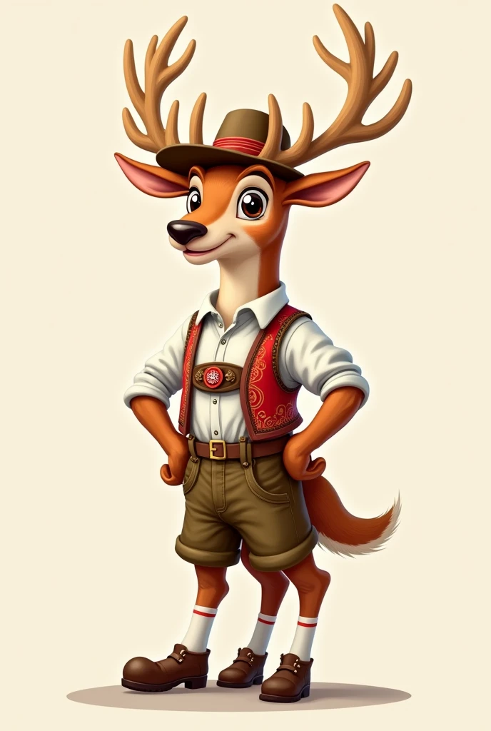 Create a cartoon style deer wearing an original Bavarian men's costume, leather pants, Traditional socks, Haferl shoes, Hand, Trachtengilet, Trachtenhut, without alcohol, without background