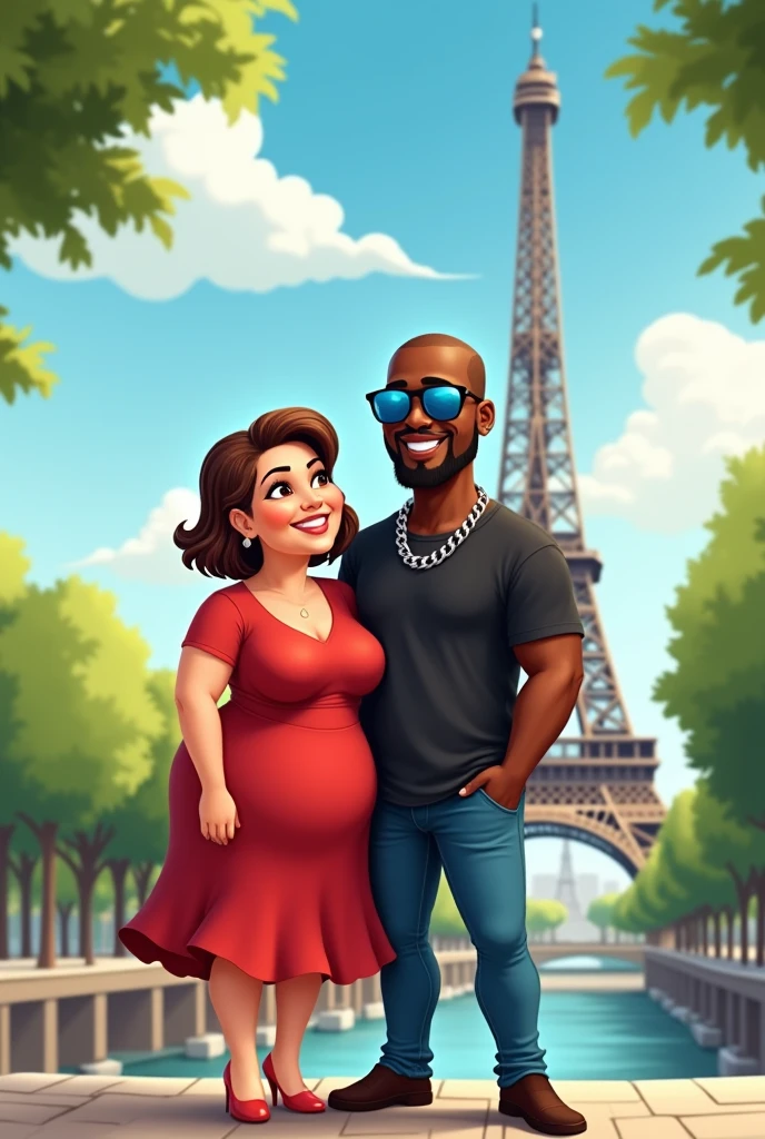 Am a 1m58 with 115 kg chubby whote woman with short brown hair and cheeks and my husband is 1m80 with a 80kg black with a small bear and moustache and a silver chain.i like to wear red dress and a high heel and he likes to wear bleu jean and black shirt with blue sun glasses .i need a carton realistic photo of us in paris near the eiffel tower in summer.my husband dont have much hair and an african nigerian allure.and me am big with boobs belly etc..