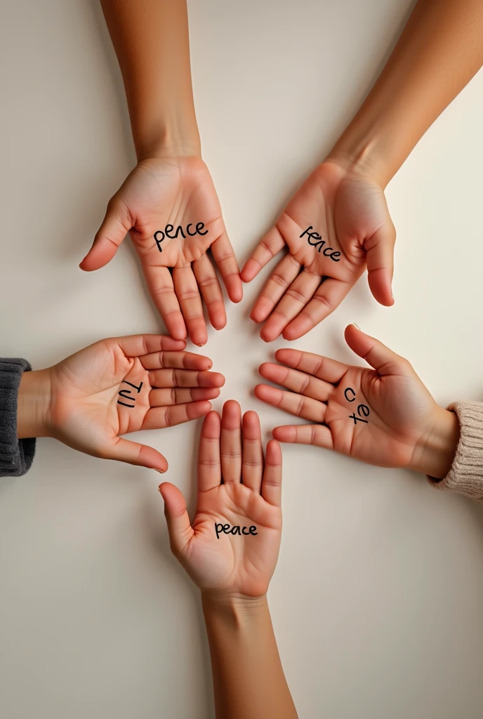 5 children's hands with the inscription on the palm "Peace"