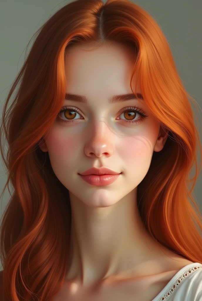 Hyperrealism  girl with long copper colored hair, brunette who looks kind and gentle so you can tell her secrets, kind and respectful
