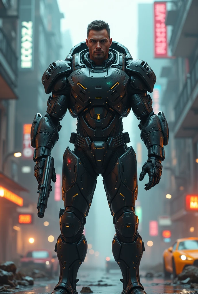 futuristic soldier in advance exoskeleton combat suit cinematic action scene