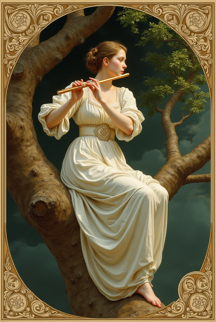 Woman playing the flute with both hands sitting in a tree, Renaissance style.
Very decorated frame, Mucha Style.
