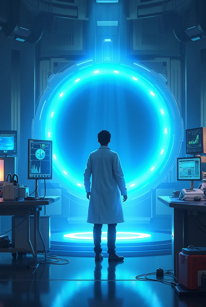 dr. activating the device and a glowing blue portal forms.アニメ