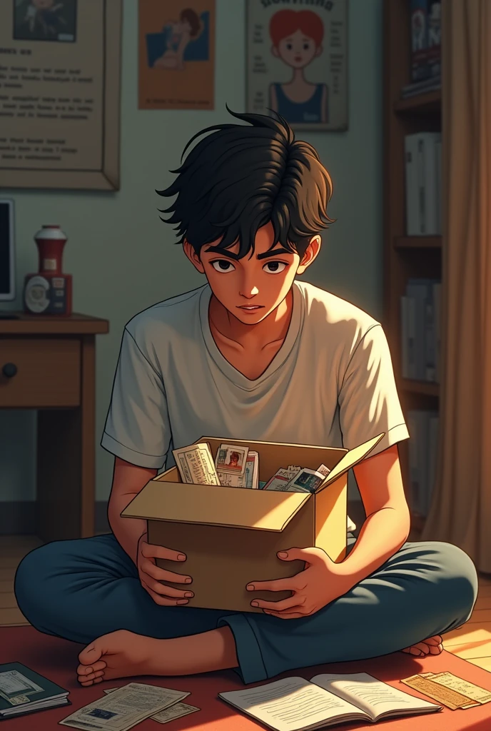 I want the image of a boy in his room with a box of memories from his ex-girlfriend