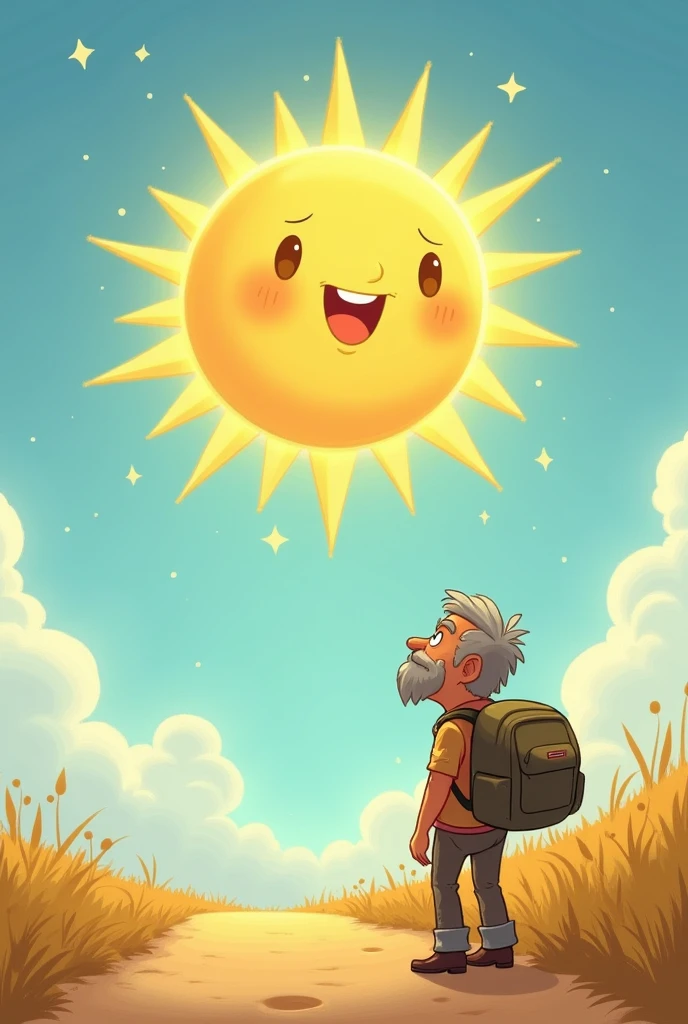 Visual: The Sun shines brightly in the sky, spreading warmth and light down onto the traveler.
Characters details
The Sun
Appearance:
- The Sun is depicted as a warm, glowing figure, radiating light and warmth from his entire body.
- He has a gentle, smiling face with kind, bright eyes that shine like the morning sun. His expression is calm and compassionate.
- His body is golden and round, with rays of sunlight extending from his head like a crown. These rays are soft and bright, filling the sky with warmth.
- The Sun has a serene and peaceful aura, with a gentle glow surrounding him, making him seem approachable and friendly.
Personality:
- The Sun is gentle, kind, and wise, understanding that sometimes, a soft approach is more effective than force.
- He is confident in his abilities but doesn’t feel the need to overpower others. Instead, he believes in the power of warmth and kindness to achieve his goals.
The Traveler
Appearance: The Traveler is an ordinary person, depicted as a middle-aged man with a rugged, weathered face that shows he has been on the road for a while.
- He is dressed in a thick, dark brown coat that looks heavy and worn from constant use. Underneath, he wears simple, practical clothing, suitable for travel, including sturdy boots and a hat to shield him from the elements.
- The Traveler carries a small, old-fashioned bag slung over his shoulder, filled with the essentials for his journey.
Personality: The Traveler is practical and resilient, used to facing the challenges of the road. He is cautious and protective of himself, especially when faced with difficult situations, like the North Wind’s cold gusts.
- He is also adaptable, willing to change when the situation becomes more comfortable, as seen when he removes his coat under the Sun’s warmth.
Show as cartoons