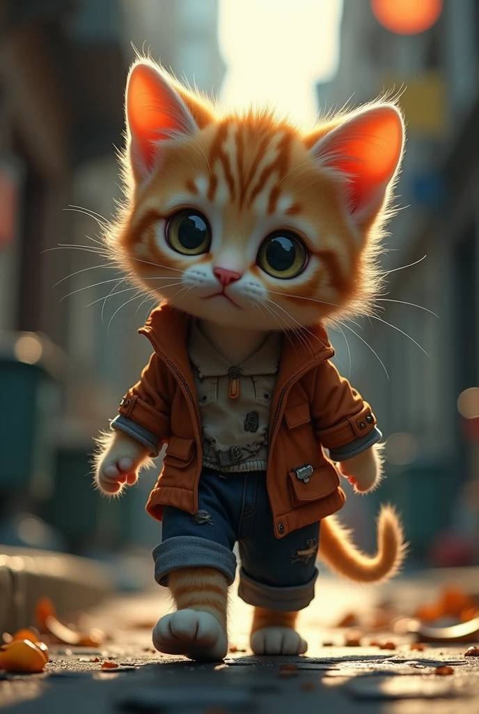 Cute close-up of a kitten lost in the city., kitchen, (Kinetics: 1.2), complicated details, ((A cat is walking along the roadside.)) ,Two-legged standing,Torn clothes, Walk on two legs