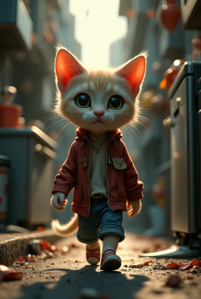 Cute close-up of a kitten lost in the city., kitchen, (Kinetics: 1.2), complicated details, ((A cat is walking along the roadside.)) ,Two-legged standing,Torn clothes, Walk on two legs