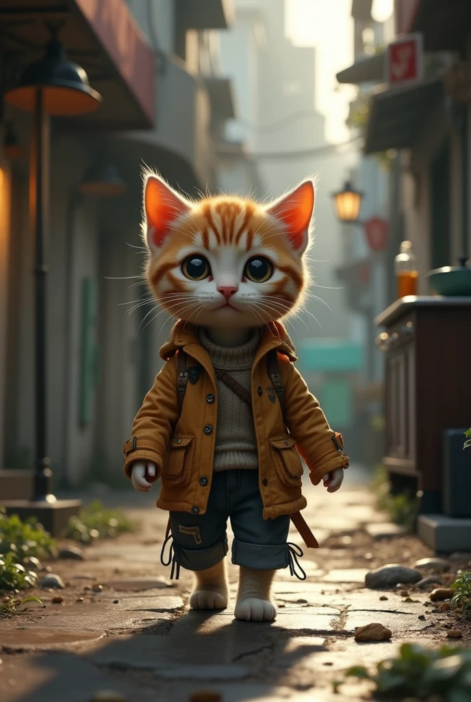 Cute close-up of a kitten lost in the city., kitchen, (Kinetics: 1.2), complicated details, ((A cat is walking along the roadside.)) ,Two-legged standing,Torn clothes, Walk on two legs