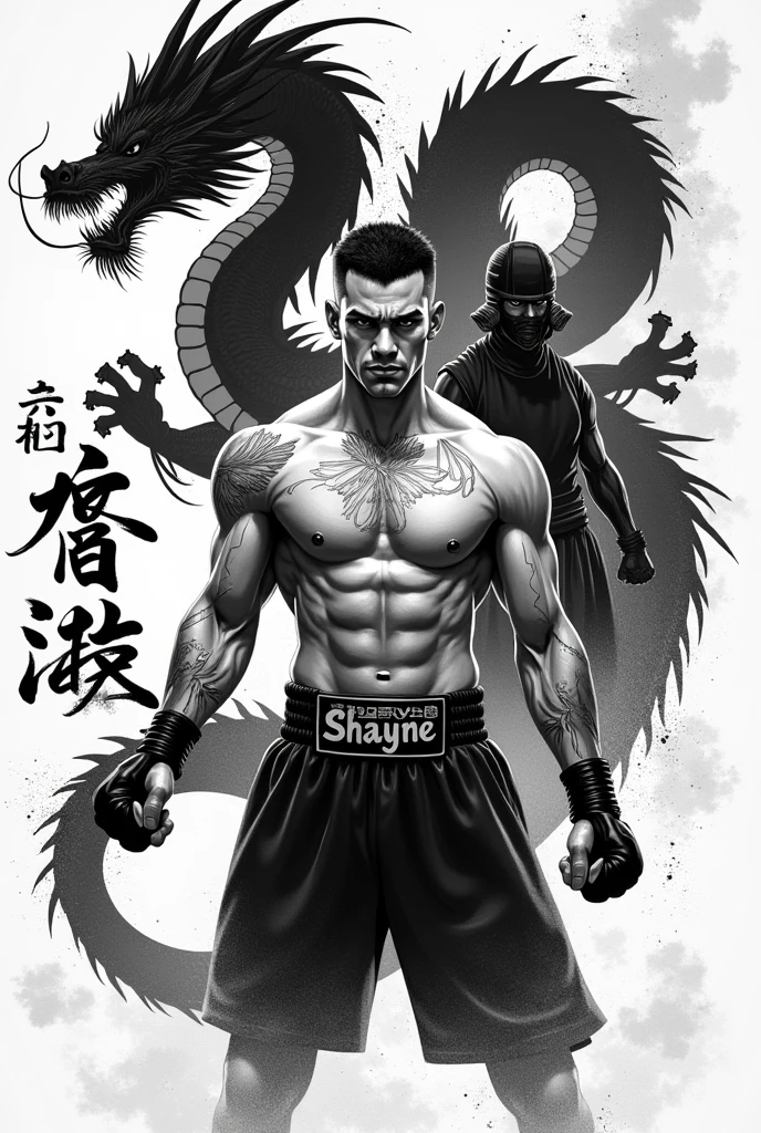 Generate me a phone wallpaper In black and white manga version of a muay thai fighter with a dragon and a samurai in the background and with shayne written in Chinese