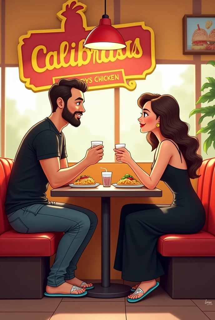 Create TWO couples eating at a chicken restaurant called calibrasas. the first couple, white-skinned boy with dark brown hair and beard and brown eyes, black shirt, y ma
Chica de tez blanca Brown eyes claros cabello semi ondulado castaño oscuro , long black dress. La segunda pareja el de thesis clara ron cabello blanco , y Brown eyes, black dress and the ash blonde girl , Brown eyes, thesis clara, pink dress.
Let everyone have shark sandals