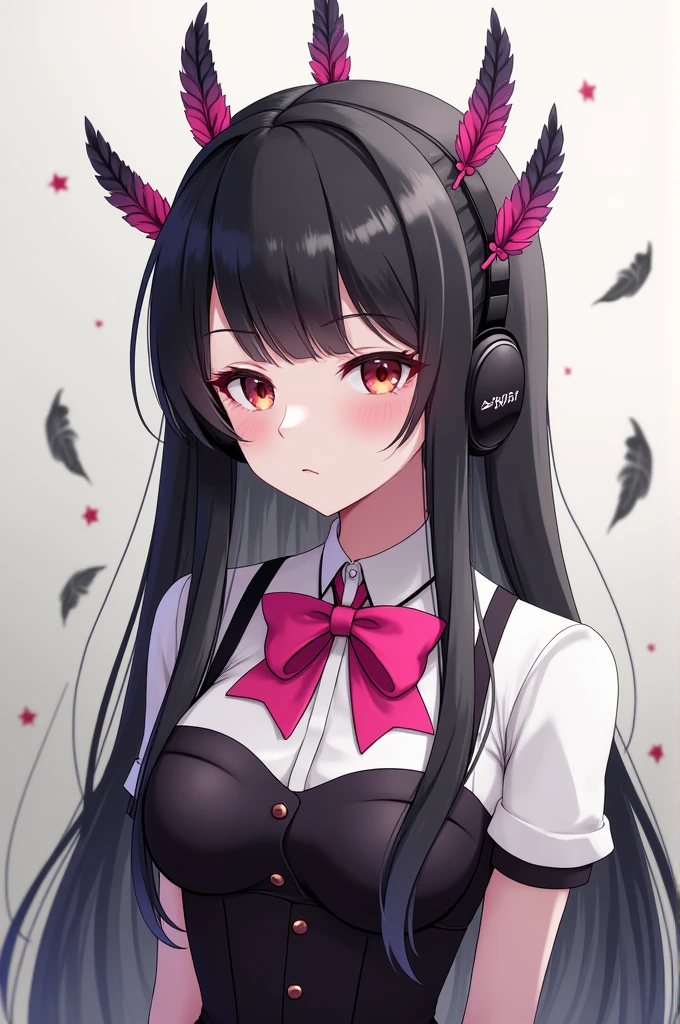 Drawing-type girl with black plush headphones with three feathers around long straight hair with a black corset and a pink bow