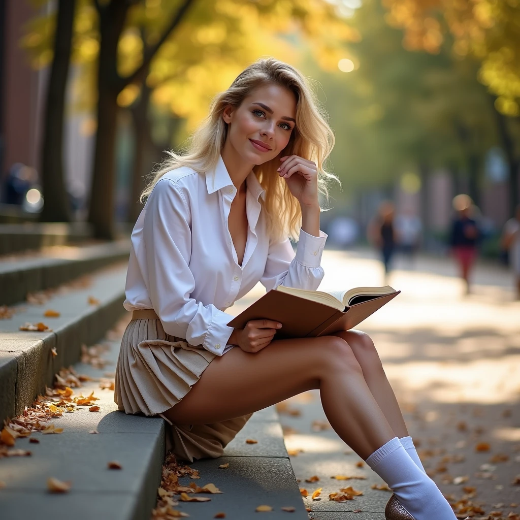 (big breasts: 1.2)A very sexy blonde woman poses on the steps of a university, wearing a short pleated skirt and a lightly unbuttoned white shirt.high white socks and heelsShe sits with her legs slightly crossed, looking mischievous. She holds an open book on her lap. The autumn sunlight creates a warm atmosphere, highlighting her legs and her charming smile., sexy , hot, (big boobies)