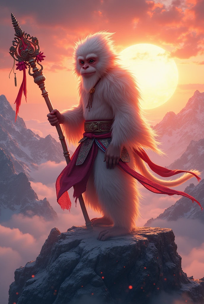 Black myth,sun woukong, monkey king,holding Ruyi Jingu Bang , standing in mountain,hyper detailed , unreal - engine , detailedeyes, glowing detailed colorful background masterpeice, sunset detailed.cosmic particles 
