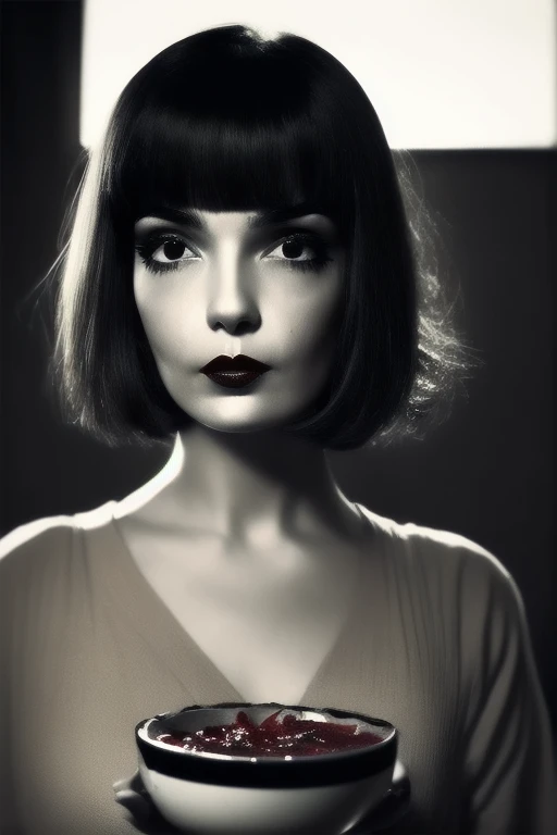 Photo noire et blanc, film noir style, Maginifique, young woman, (bowl haircut short hair), demi-corps, Dramatic lighting, (sepia), high contrast, ombres dramatiques, 20s style, Mysterious, cinematic, Bright red lips (((Only lips red))), (looking at viewer),
