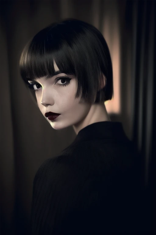 Photo noire et blanc, film noir style, Maginifique, young woman, (bowl haircut short hair), demi-corps, Dramatic lighting, (sepia), high contrast, ombres dramatiques, 20s style, Mysterious, cinematic, Bright red lips (((Only lips red))), (looking at viewer),
