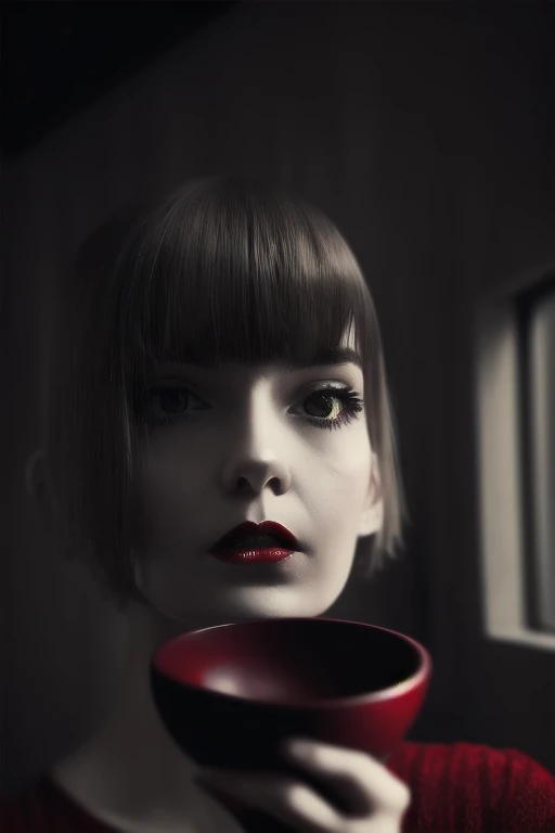 Photo noire et blanc, film noir style, Maginifique, young woman, (bowl haircut short hair), demi-corps, Dramatic lighting, (sepia), high contrast, ombres dramatiques, 20s style, Mysterious, cinematic, Bright red lips (((Only lips red))), (looking at viewer),
