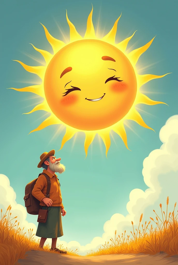 Visual: The Sun shines brightly in the sky, spreading warmth and light down onto the traveler.
Characters details
The Sun
Appearance:
- The Sun is depicted as a warm, glowing figure, radiating light and warmth from his entire body.
- He has a gentle, smiling face with kind, bright eyes that shine like the morning sun. His expression is calm and compassionate.
- His body is golden and round, with rays of sunlight extending from his head like a crown. These rays are soft and bright, filling the sky with warmth.
- The Sun has a serene and peaceful aura, with a gentle glow surrounding him, making him seem approachable and friendly.
Personality:
- The Sun is gentle, kind, and wise, understanding that sometimes, a soft approach is more effective than force.
- He is confident in his abilities but doesn’t feel the need to overpower others. Instead, he believes in the power of warmth and kindness to achieve his goals.
The Traveler
Appearance: The Traveler is an ordinary person, depicted as a middle-aged man with a rugged, weathered face that shows he has been on the road for a while.
- He is dressed in a thick, dark brown coat that looks heavy and worn from constant use. Underneath, he wears simple, practical clothing, suitable for travel, including sturdy boots and a hat to shield him from the elements.
- The Traveler carries a small, old-fashioned bag slung over his shoulder, filled with the essentials for his journey.
Personality: The Traveler is practical and resilient, used to facing the challenges of the road. He is cautious and protective of himself, especially when faced with difficult situations, like the North Wind’s cold gusts.
- He is also adaptable, willing to change when the situation becomes more comfortable, as seen when he removes his coat under the Sun’s warmth.
Show as cartoons