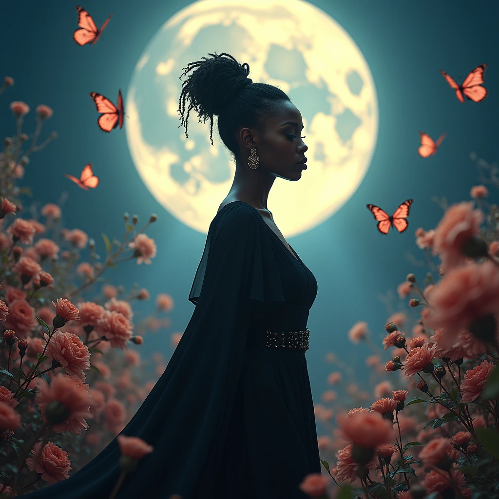 black female, chic, bright coloured, atmospheric,serene,((fullmoon brilhante ao lado direito):1.5),magie, chic, butterflys,fullmoon, blooming flowers, In Motion, Dramatic, fully body, organic composition,Foto bruta magie