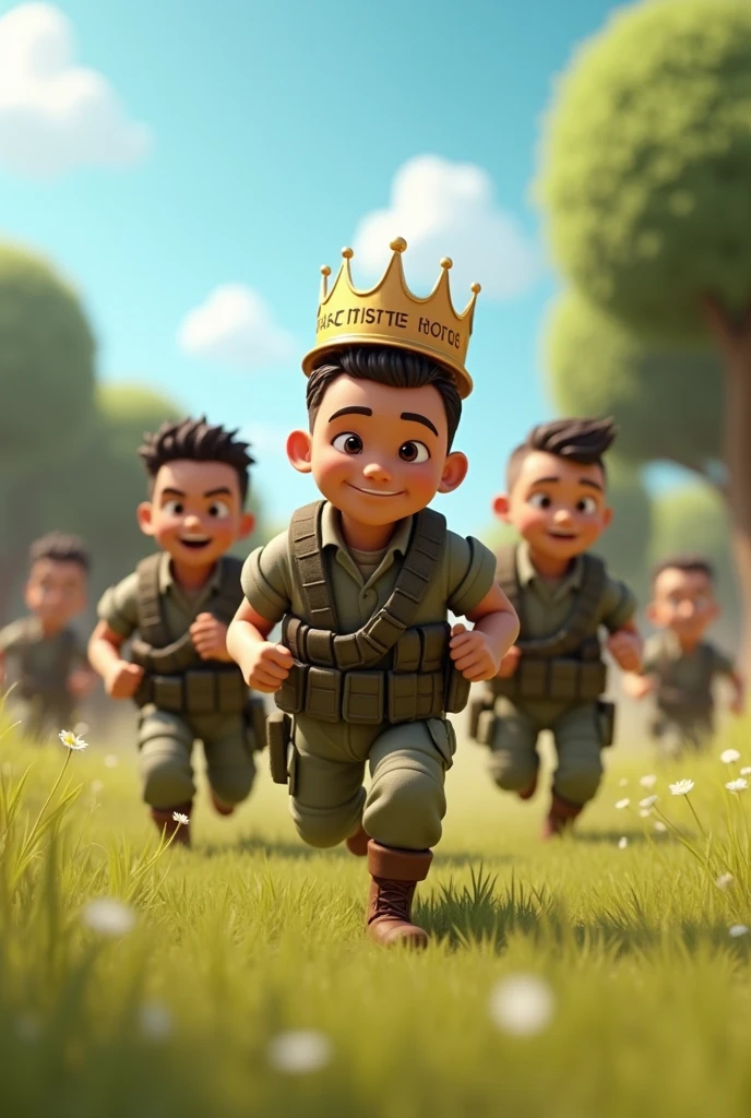 An animated 3D rendering of a group of 4 soldiers, one of the soldiers has wavy hair, another has curly short hair and the other two toppers, they are wearing bulletproof vests and have guns hanging from their backs, the soldiers are running after a trophy, the trophy is in front of the image and the soldiers are behind, going towards the trophy, the soldier has a crown on his head with the phrase "Filhos de Deus" written on it, the phrase is very apparent without any writing defect. The background is a sunny landscape of grass, trees and a clear sky. The image has a realistic design with light and shadow effects.