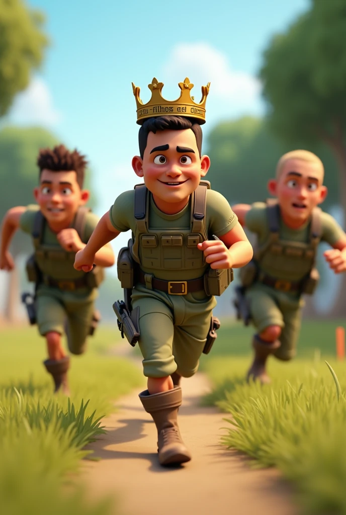 An animated 3D rendering of a group of 4 soldiers, one of the soldiers has wavy hair, another has curly short hair and the other two toppers, they are wearing bulletproof vests and have guns hanging from their backs, the soldiers are running after a trophy, the trophy is in front of the image and the soldiers are behind, going towards the trophy, the soldier has a crown on his head with the phrase "Filhos de Deus" written on it, the phrase is very apparent without any writing defect. The background is a sunny landscape of grass, trees and a clear sky. The image has a realistic design with light and shadow effects.