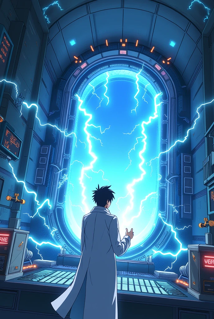 dr. activating the device and a glowing blue portal forms.
anime drawing
