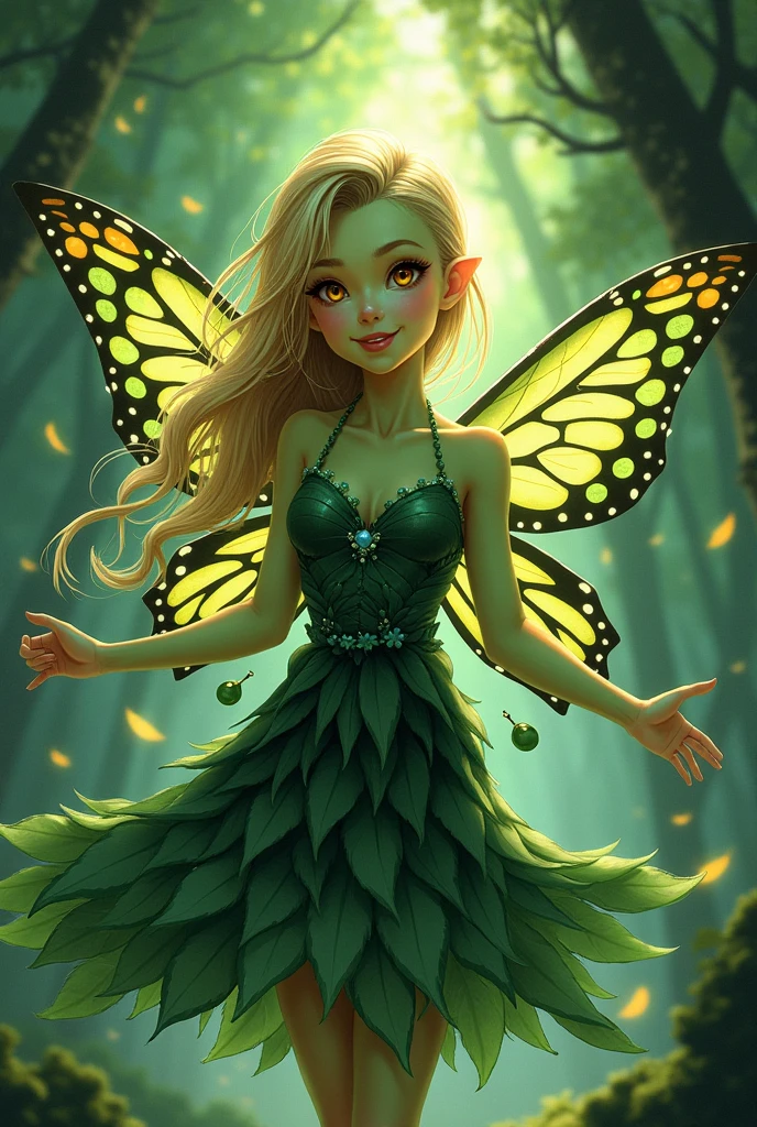 in the style of a dramatic comic book Create an illustration of a green-skinned girl with butterfly wings, featuring long blonde hair that is brushed to one side with one side of her head shaved. She has striking orange eyes and a mischievous smile, giving her a playful yet enchanting appearance. The girl has a slim, figure with a youthful, round face, chubby cheeks, and a small round nose. She is dressed in a dark green outfit intricately adorned with leaves and flowers, with her top hemmed with leaves. The scene captures her dancing gracefully in a magical forest setting, where her fluid movements highlight her ethereal beauty. The image should emphasize the high quality of the details, including perfect eyes and high-resolution textures