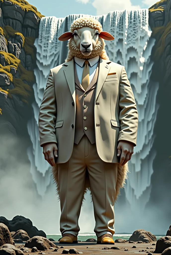 A giant sheep standing on its legs wearing a summer suit, behind it is a real waterfall, just like in real life.