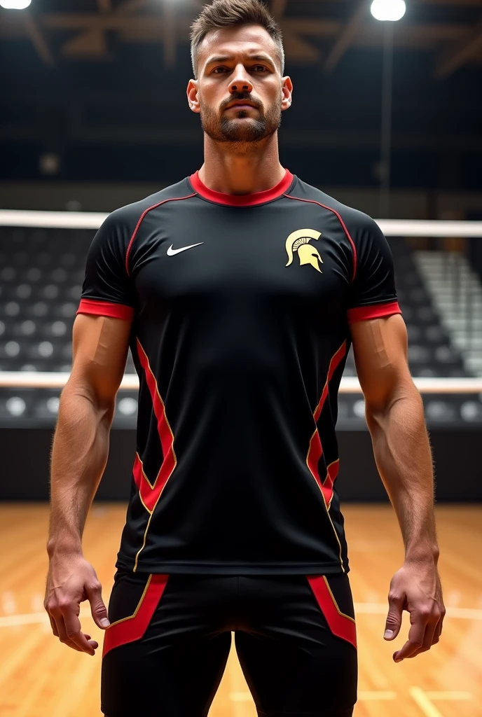 Black volleyball shirt with red and gold details on the sides with a Spartan symbol on the left side of the chest with a volleyball