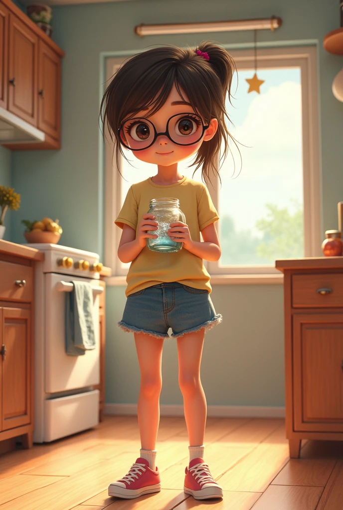 A town young big girl with specs and tied hair in a ponytail wearing tshirt and mini skirt. She hold a jar filled with water in kitchen