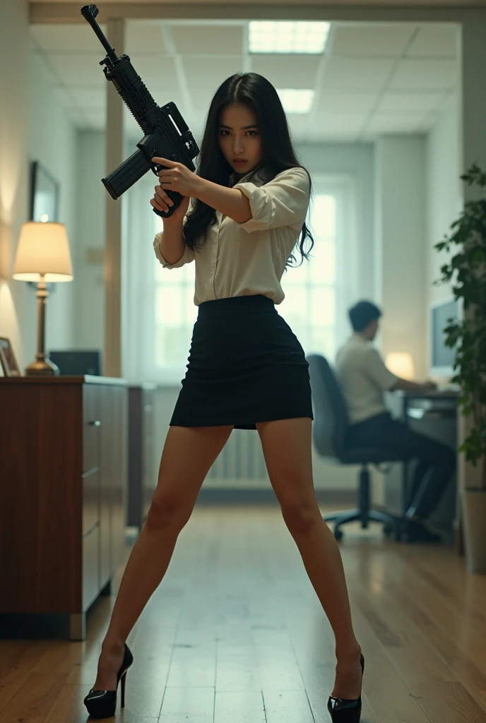 beautiful chinese office lady mini skirt realistic machine gun toting firing real person legs apart standing rampage
