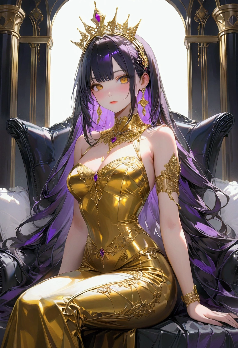 Long smooth straight black hair, inner colored dark-purple hair, golden eyes, sitting royal wear,masterpiece, super detail, best quality, 8k,semi-realistic