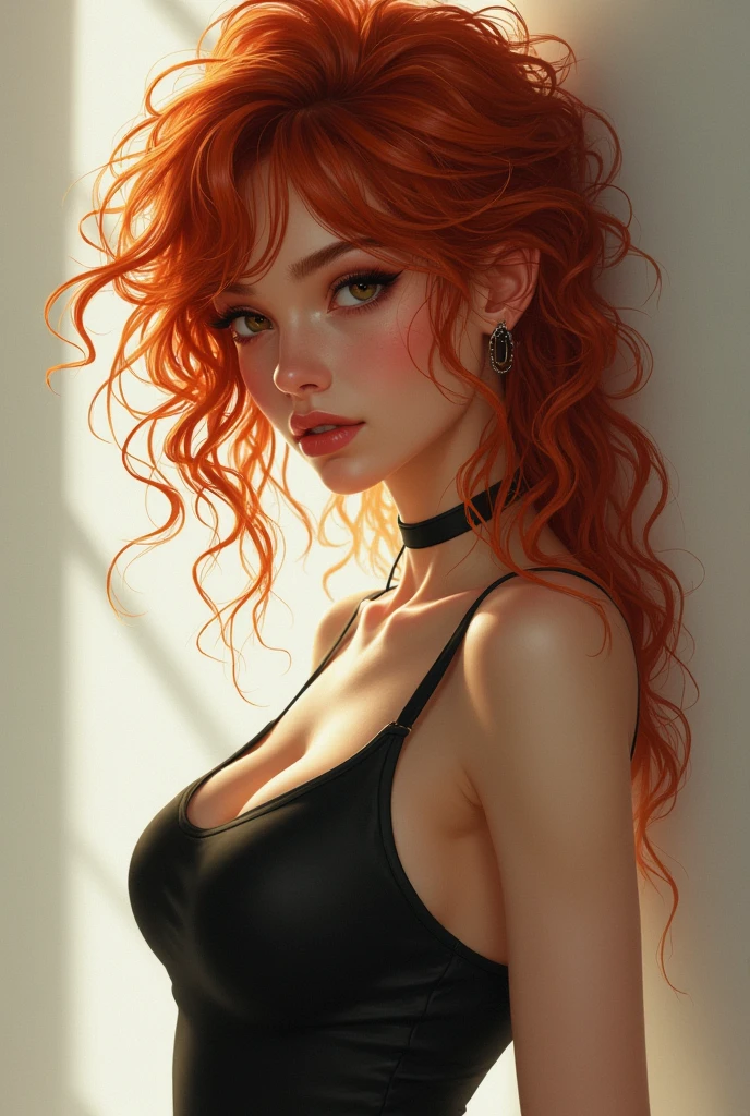 An attractive young woman with fair skin and messy red hair. Slim and curvaceous figure with an hourglass shape