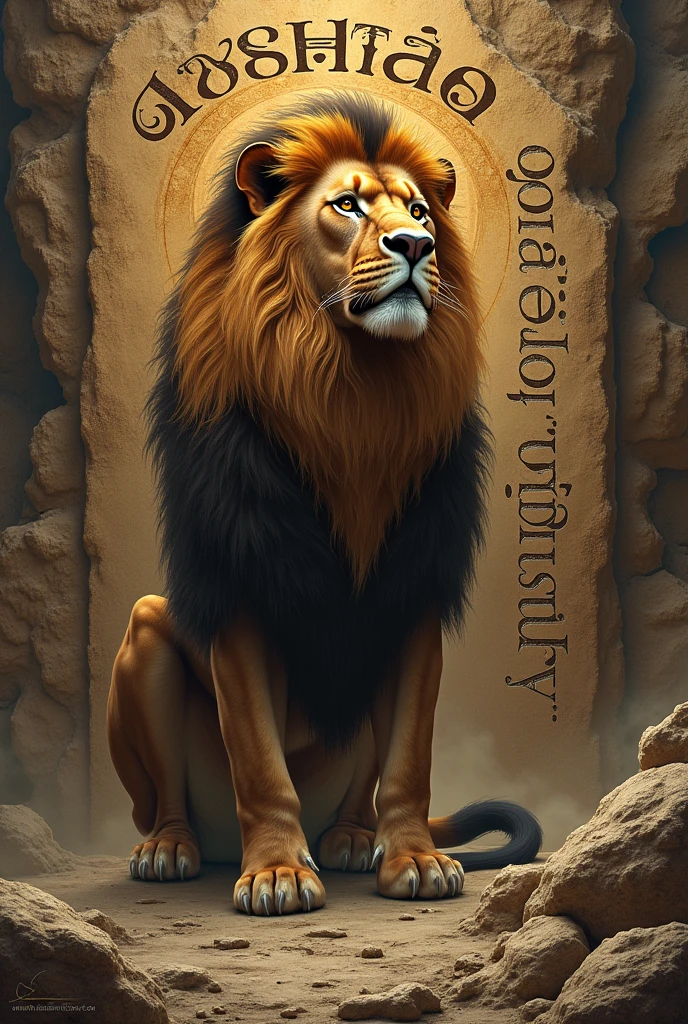 THE LION OF JUDAH WITH THE WORD YEHSHUA WITH DECORATED LETTERS AND INSCRIBED ON THE ROCKS THE PHRASES "UNDER THE SHADOW OF THE ALMIGHTY"
